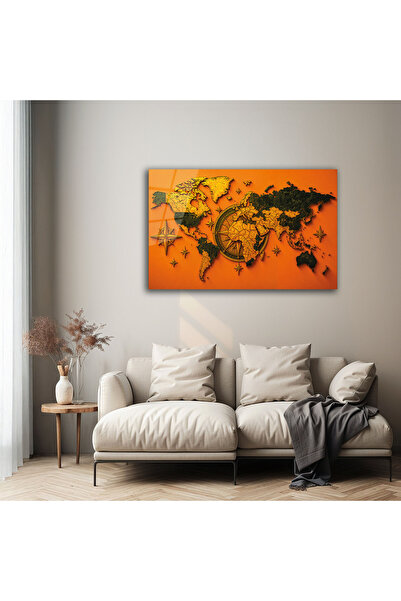 B&G DESIGN Modern Dünya Haritası Cam Tablo Turuncu Gold Detaylı 3D Görünümlü Dekoratif Salon ve Ofis Tablosu