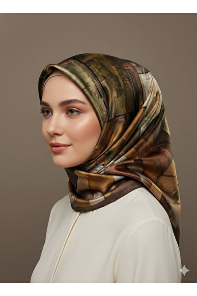 Levidor 90x90 İpek Görünümlü Yağ Yeşili - Kahverengi Eşarp – Kaymayan Twill Ş...