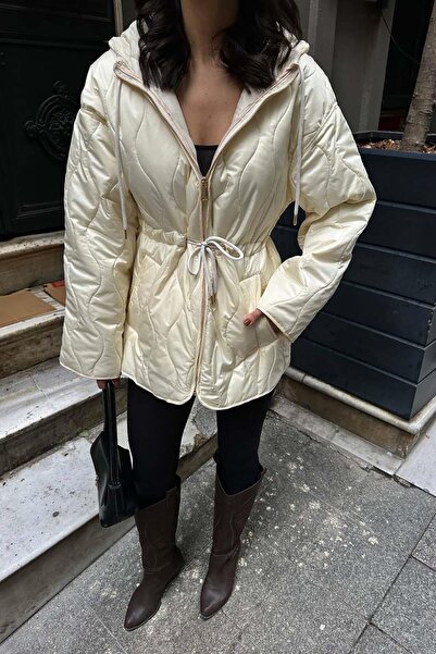 My Loore Women's Ecru Hooded Waist Gathered Puffy Coat Mbl6014