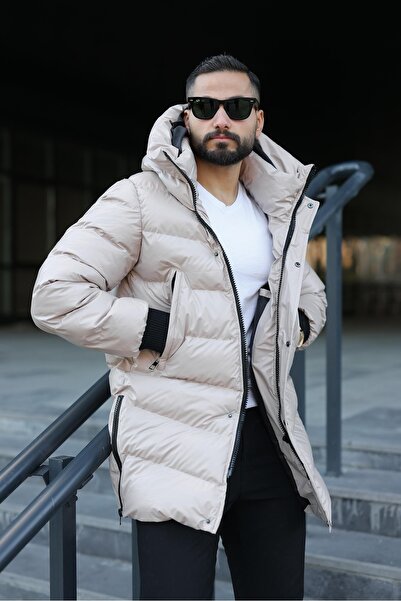 MİS MODA Men's Long Leather Coat with Zippered Side Panels