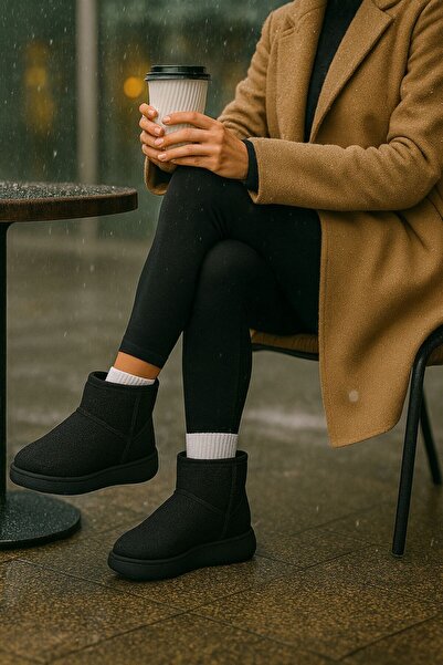 FLARF Women's Black Thick Poly Sole Sheepskin Suede Look Boots