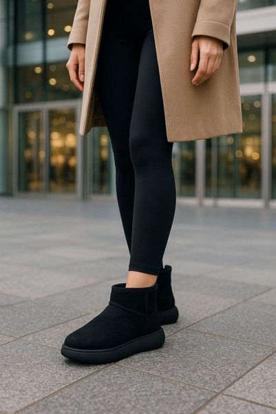 FLARF Women's Black Thick Poly Sole Sheepskin Suede Look Boots