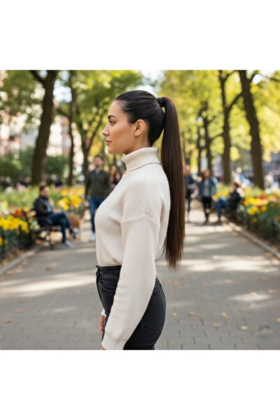 Zeysum Koyu Kumral At Kuyruğu Saç Düz Cıtçıtlı Postiş 60 Cm 150 gr Isıya Daya...