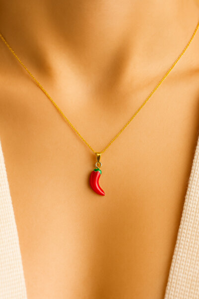 liore dünyası Steel Gold Color Red Pepper Figured Women's Necklace