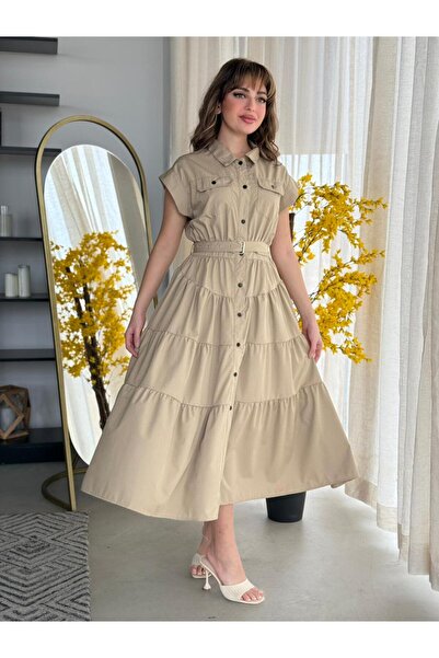 The give me Beige midi dress with a shirt cut and waist belt