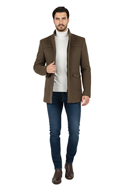 DeepSEA Kahve Regular Fit Mock Neck Winter Men's Cashmere Coat – Buttoned & Zippered – Single Slit 2407006