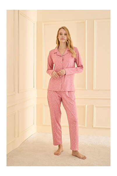 Mihra Kadın Sandy Kumaş Pudra Konfeti Desenli Pijama Takımı | Uzun Kollu Önde...