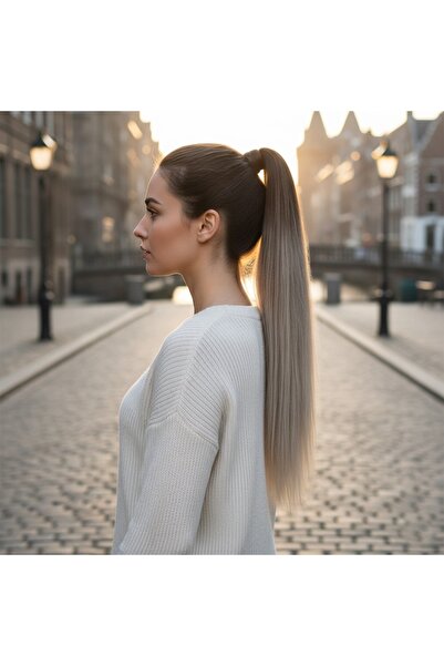 Zeysum Küllü Kumral Beyaz Platin Ombreli Lastik Tokalı At Kuyruğu Saç Düz Pos...