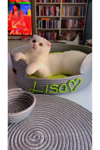 Vanilya Design Hasır Gri İsimli Kedi Yatağı Paspas ve Kuru mama kabı