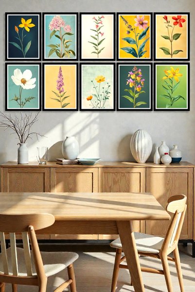 Nod 10-Piece Wooden Mdf Wall Painting Set with Flower Images, Modern Decoration for Living Room and Bedroom