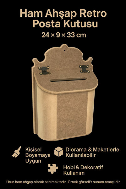 Eymen Hobi Ham Ahşap Retro Posta Kutusu 24x9x33 cm | Boyamaya Uygun Dekoratif
