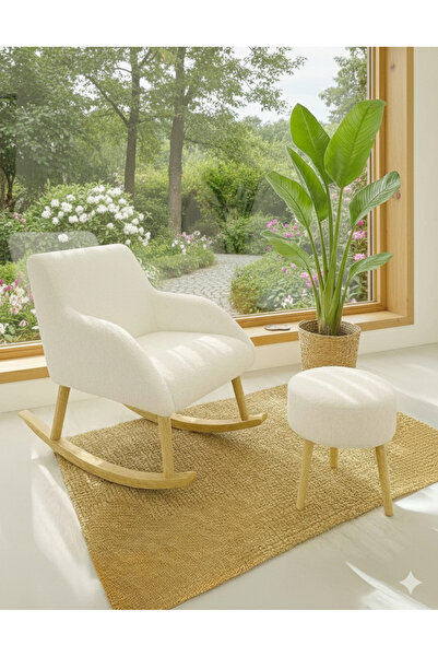 Yuems home Sallanan Ahşap Ayaklı Beyaz renk Berjer Koltuk-Puf Hediyeli