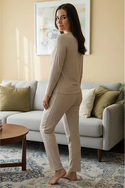 ÇAĞ MODA Viscose Knitted Crew Neck Long Sleeve Pants Pajama Set