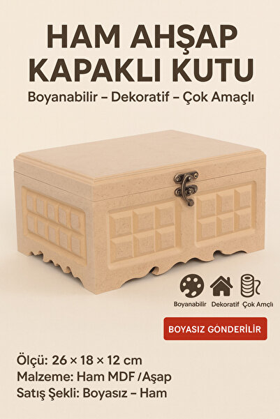 Eymen Hobi Ham Ahşap Kapaklı Kutu 26x18x12 cm | Boyanabilir Dekoratif Çok Ama...