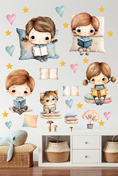 Grafikup Children Reading Books Wall Sticker Set - Kids Room Nursery Decor Set