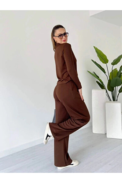 Işıltı kidss Polo collar, top and bottom sleeved modal suit, coffee pt.