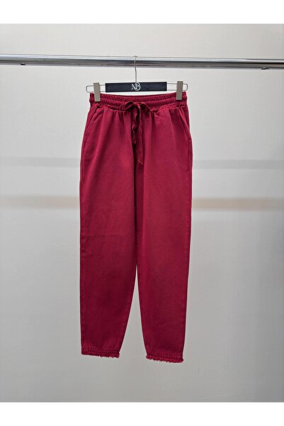 Maldia Shop Women's Elastic Waist Tassel Detail Piece-Dye Gabardine Burgundy Trousers