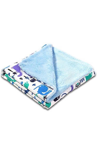 Kidizi Paturica dubla pufoasa cu doua fete 100x78 cm Fluffy Blue Dino