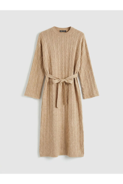 LC Waikiki Crew Neck Self Patterned Belted Knit Dress