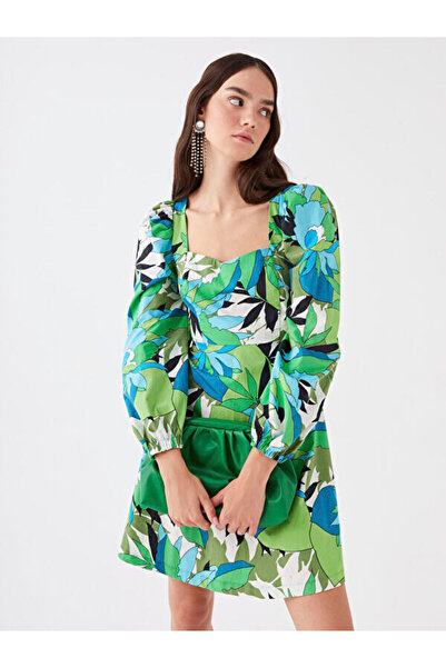 LC Waikiki Square Neck Patterned Poplin Dress