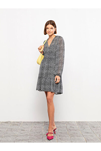 LC Waikiki V-Neck Patterned Long Sleeve Chiffon Dress