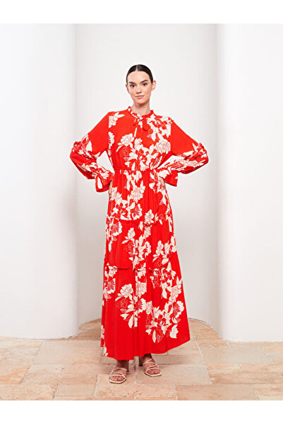 LC Waikiki Tie Neck Patterned Long Sleeve Viscose Dress