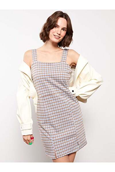 LC Waikiki Square Collar Houndstooth Patterned Strappy Women's Dress