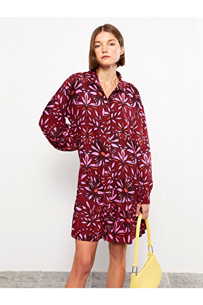 LC Waikiki Shirt Collar Patterned Long Sleeve Viscose Dress