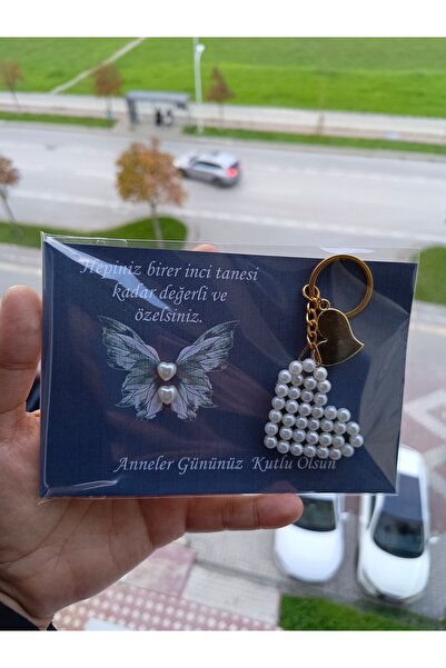 BursaTasarımDünyası 1 adet anneler günü hediyesi kartlı kalp anahtarlık ve küpe