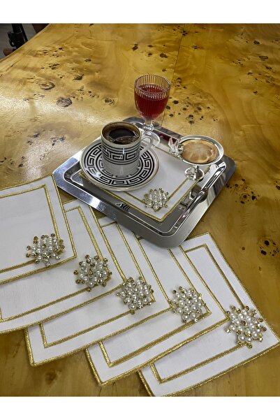 MİNOZA 6 قطع من مناديل تقديم الكوكتيل والقهوة المصنوعة من قماش الكتان المطرز المقاوم للبقع مع دبابيس لؤلؤية