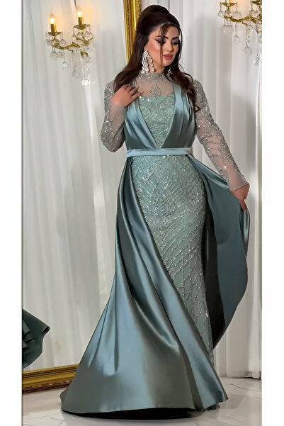 NHMODA Stone Embroidered Chiffon Fabric Tailled Evening Dress