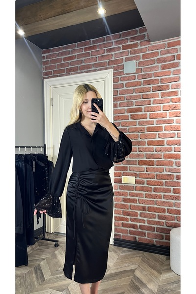 BRN Butik Siyah Payetli Manşetli Uzun Kollu Gömlek