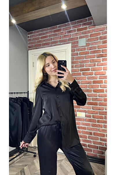 BRN Butik Kadın Siyah Saten Düğmeli Gömlek