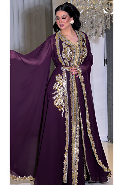 NHMODA فستان سهرة مطرز يدويًا بياقة على شكل حرف V وأكمام طويلة