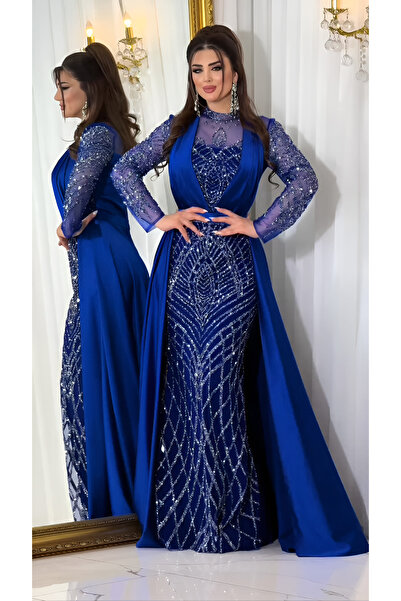 NHMODA Stone Embroidered Chiffon Fabric Tailled Evening Dress