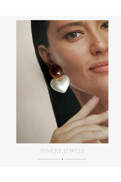 Pinery Jewels İnci Kalp Kahverengi Taşlı Sallantılı Küpe Çifti