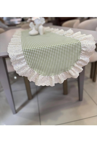 NURGİTA HOME Fırfılı Fistolu Piti Kareli Duck Keten Vintage Oval Runner (40X1...