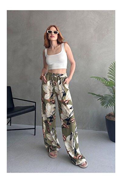 LC Waikiki Φαρδύ παντελόνι με λουλούδια χακί - 27237