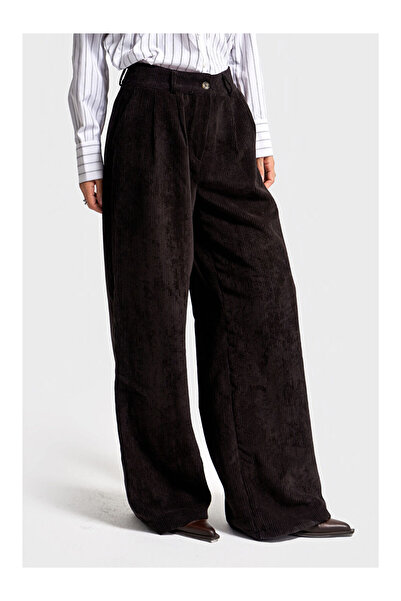 LC Waikiki Kadın Siyah Renk w5-1 Süper Palazzo Fit Pileli Kalın Fitilli Velve...