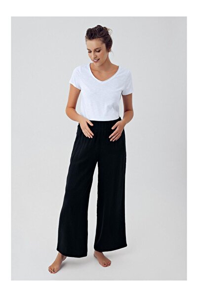 LC Waikiki Μαύρο Διπλής στρώσης Μουσελίνα Βαμβάκι τεμαχίων Παντελόνι εγκυμοσύ...