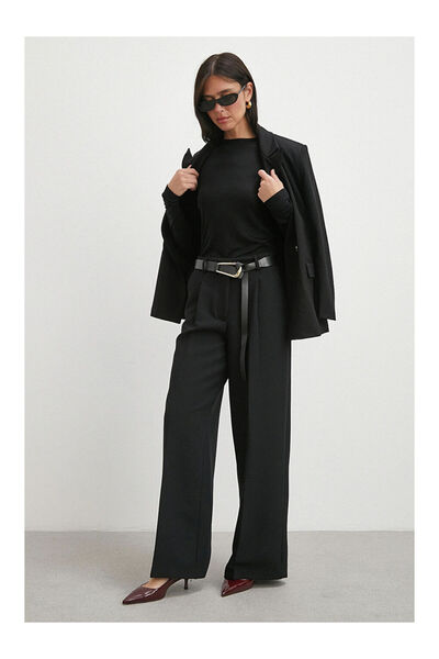 LC Waikiki Leather Belted Wide Leg Trousers Black