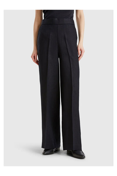 LC Waikiki Kadın Siyah %100 Keten Yan Cepli Arka Beli Lastikli Palazzo Pantolon