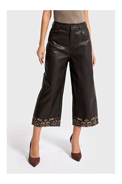 LC Waikiki Kahverengi Kadın Acı Kahve Paçası Nakış Detaylı Özel Tasarım Suni ...