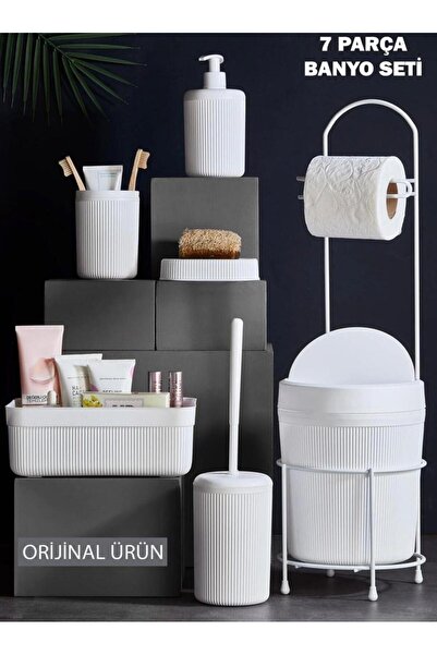 AbaTech 7 Parça Banyo Seti Çöp Kovalı Tuvalet Kağıtlığı ve Fırçası Kozmetik K...