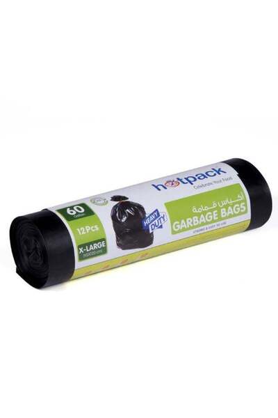 Hotpack 12-Piece Heavy Duty Garbage Bags X-Large 60 Gallon Black 95x120cm