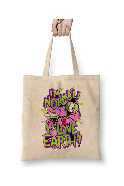 Toyaso Invader Zim Gir I'm Normal I Love Earth Geantă de pânză albă cu mâner lung Geantă de cumpărături Geantă de plajă