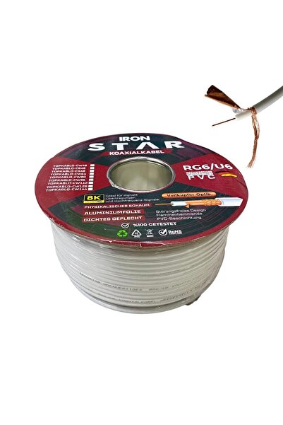 IRONSTAR RG6U6 Beyaz Anten Kablosu 100Metre Gold 96Tel Bakır Kaplama