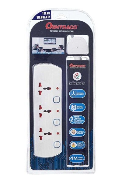 Oshtraco 3-Way Universal Extension Socket with 4 Meter Wire, Multicolor