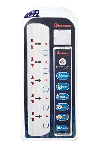 Oshtraco 5-Way Universal Extension Socket with 4 Meter Wire, Multicolor