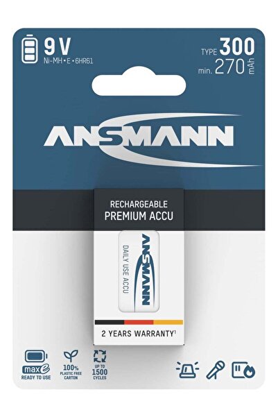 ANSMANN 9V Block Rechargeable Battery - 300mAh NiMH Low Self-Discharge MaxE T...